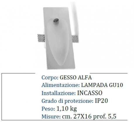 CORPO SPOT IN GESSO INCASSO SEGNAPASSO CARTONGESSO LARGO GU10 IP20 27X16X5.5CM
