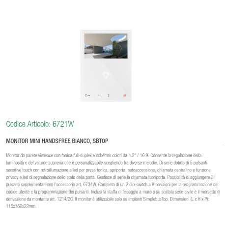 MONITOR MINI A COLORI VIVAVOCE WHITE BIANCO SBTOP 4.3" 2 FILI COMELIT 6721W 